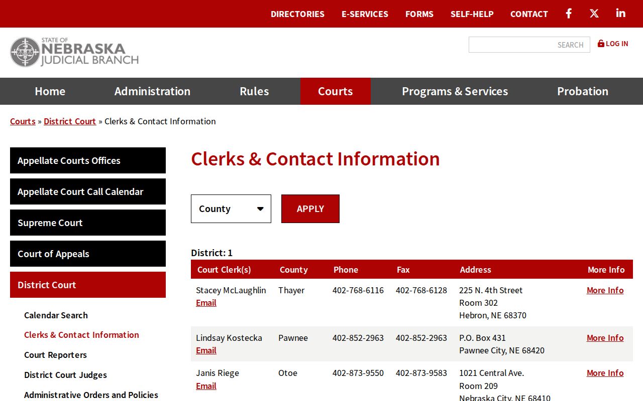 Greeley County civil docket Nebraska District Court clerk contacts