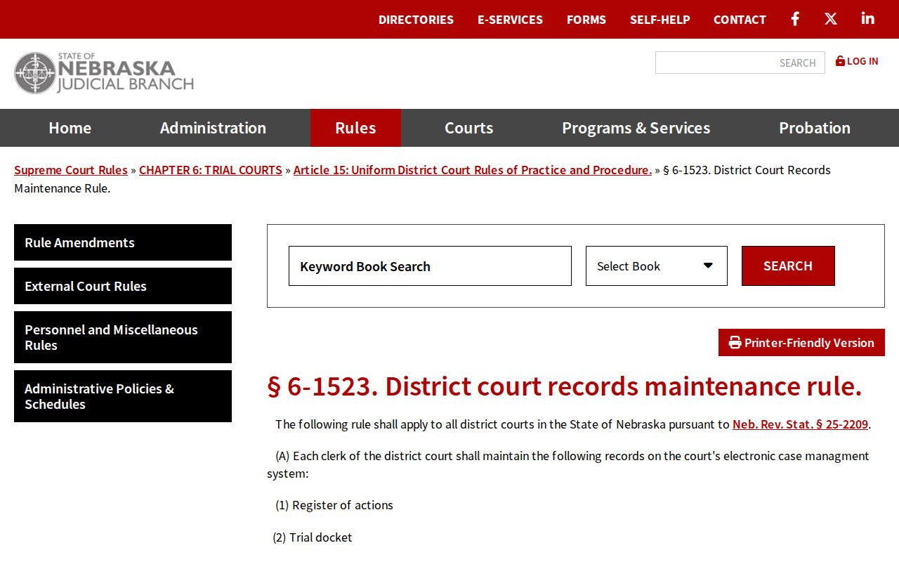 Greeley County civil docket Nebraska District Court records maintenance rule