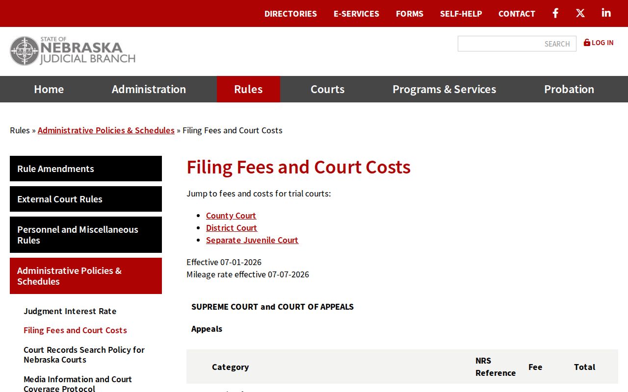 Greeley County court record copy fees Nebraska filing fees and court costs